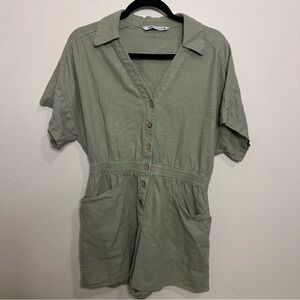 Zara Army Sage Green Linen Jumper Romper Boho Beach Summer Spring Relaxed Fit